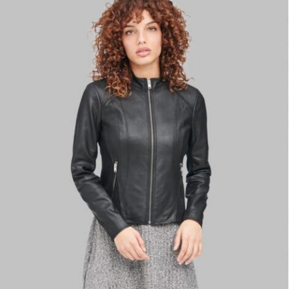 Andrew Marc Womens Kylie Leather  Racing Jacket